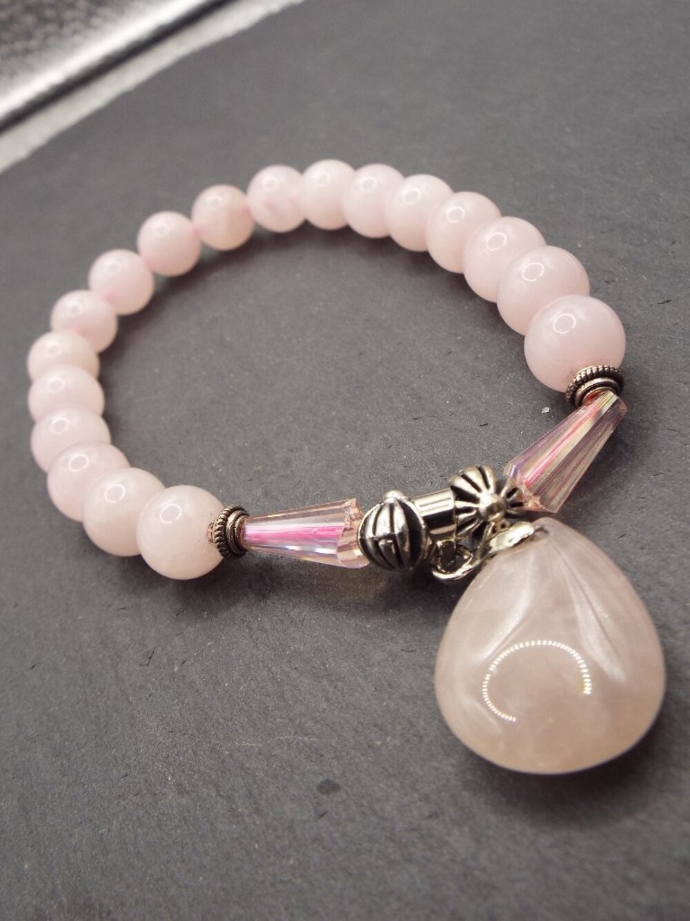 ROSE QUARTZ STONE 9.525 MM BEADS PINK AURORA BOREALIS & PINK TEARDROP BRACELET M
